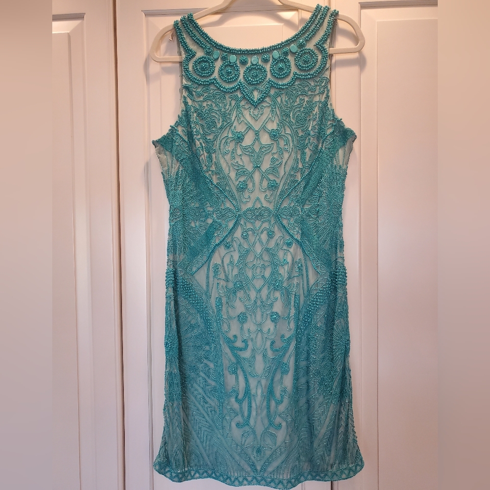 Theia Turquoise Dress with Intricate Detailing